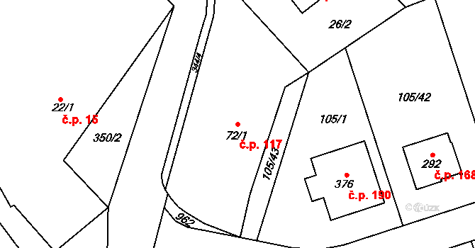 Popovice 117, Králův Dvůr na parcele st. 72/1 v KÚ Popovice u Králova Dvora, Katastrální mapa