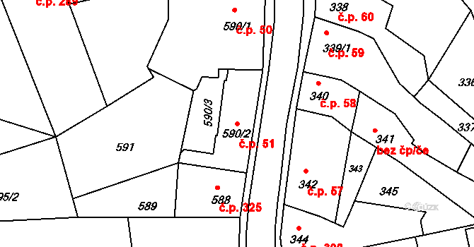 Sedlčany 51 na parcele st. 590/2 v KÚ Sedlčany, Katastrální mapa