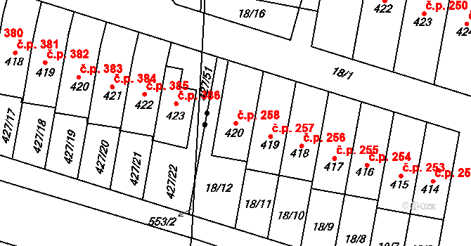 Krasice 258, Prostějov na parcele st. 420 v KÚ Krasice, Katastrální mapa