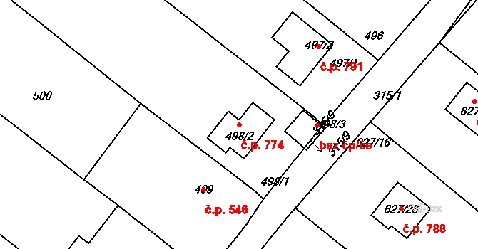 Libčice nad Vltavou 774 na parcele st. 498/2 v KÚ Letky, Katastrální mapa