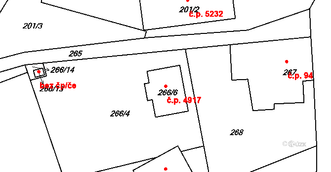 Rýnovice 4917, Jablonec nad Nisou na parcele st. 266/6 v KÚ Rýnovice, Katastrální mapa