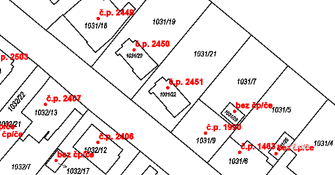 Předměstí 2451, Opava na parcele st. 1031/22 v KÚ Opava-Předměstí, Katastrální mapa