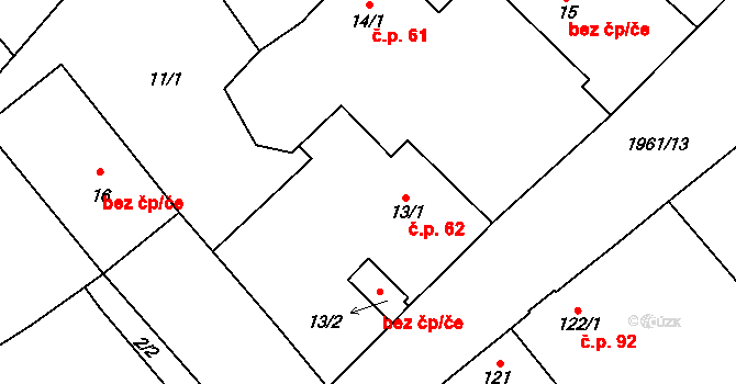 Nebužely 62 na parcele st. 13/1 v KÚ Nebužely, Katastrální mapa