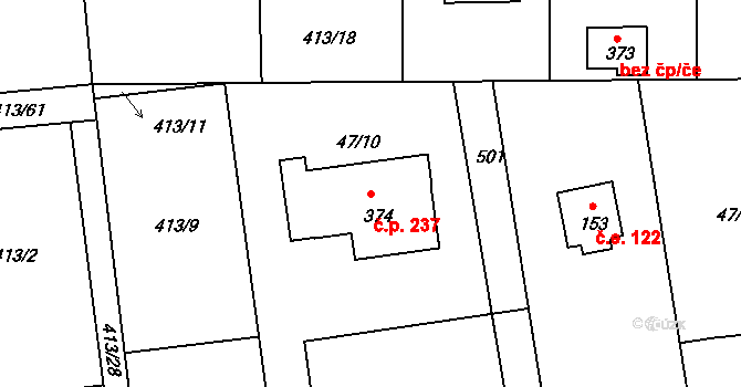Roudná 237 na parcele st. 374 v KÚ Roudná nad Lužnicí, Katastrální mapa