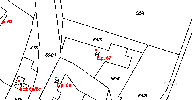 Uhersko 67 na parcele st. 94 v KÚ Uhersko, Katastrální mapa