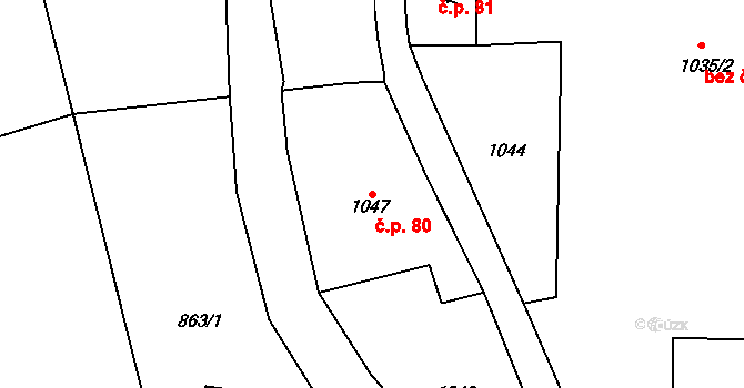 Sobotín 80 na parcele st. 1047 v KÚ Sobotín, Katastrální mapa