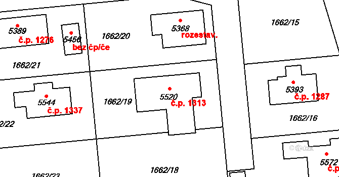 Nové Město 1313, Rokycany na parcele st. 5520 v KÚ Rokycany, Katastrální mapa