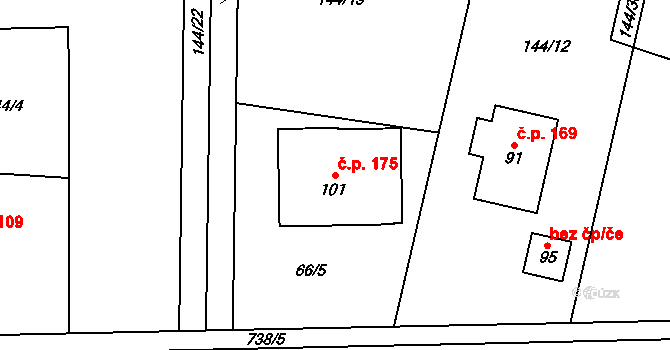 Radouň 175, Mělnické Vtelno na parcele st. 101 v KÚ Radouň, Katastrální mapa