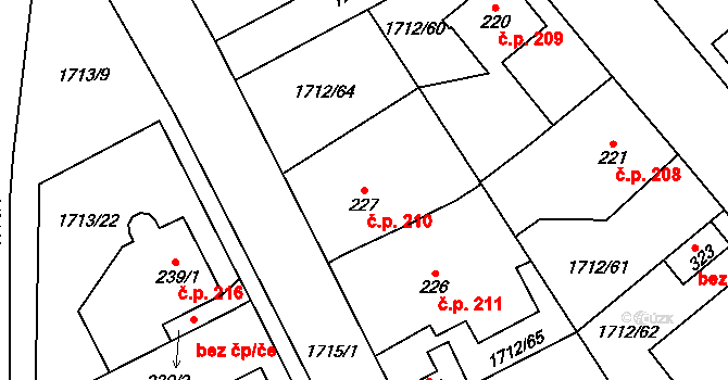 Tymákov 210 na parcele st. 227 v KÚ Tymákov, Katastrální mapa