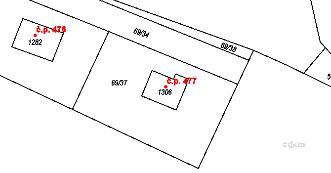 Velké Popovice 477 na parcele st. 1306 v KÚ Velké Popovice, Katastrální mapa