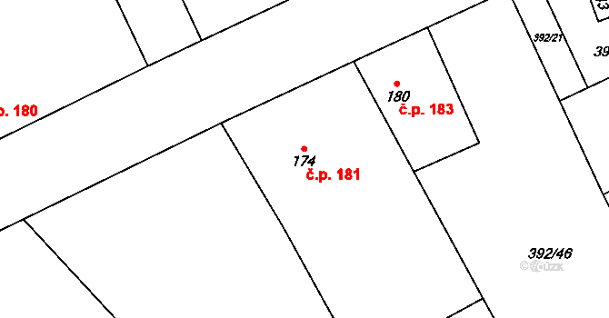 Běrunice 181 na parcele st. 174 v KÚ Běrunice, Katastrální mapa