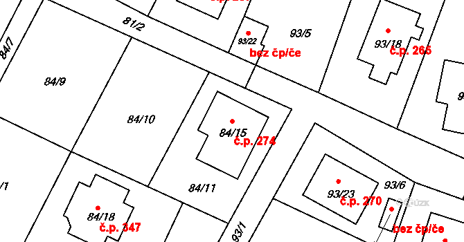 Malešov 274 na parcele st. 84/15 v KÚ Malešov, Katastrální mapa