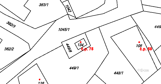 Šimanov 75 na parcele st. 134 v KÚ Šimanov na Moravě, Katastrální mapa
