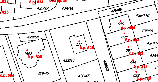 Horoměřice 506 na parcele st. 922 v KÚ Horoměřice, Katastrální mapa