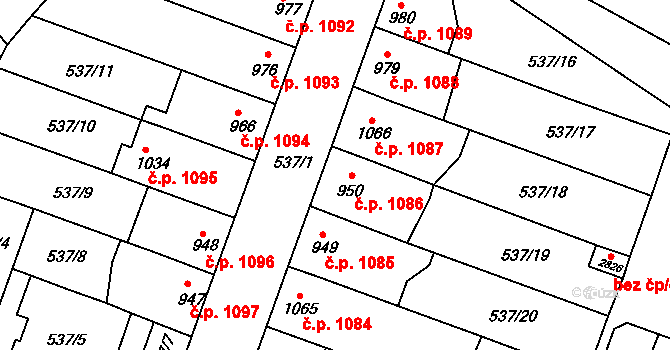 Veselí nad Moravou 1086 na parcele st. 950 v KÚ Veselí-Předměstí, Katastrální mapa