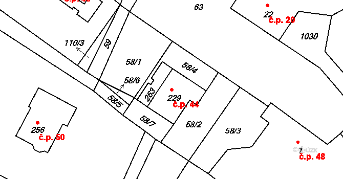 Hrubý Lesnov 44, Cetenov na parcele st. 229 v KÚ Hrubý Lesnov, Katastrální mapa