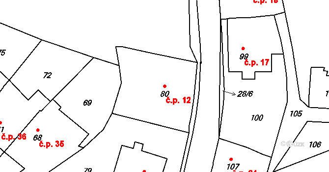 Olešná 12, Blansko na parcele st. 80 v KÚ Olešná u Blanska, Katastrální mapa