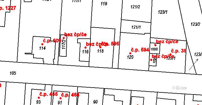 Kosmonosy 595 na parcele st. 118 v KÚ Kosmonosy, Katastrální mapa
