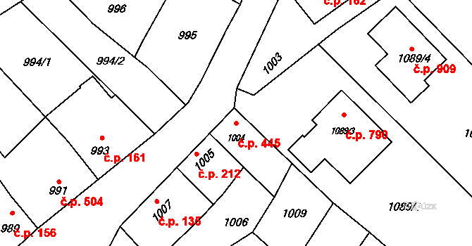 Velká Bystřice 445 na parcele st. 1004 v KÚ Velká Bystřice, Katastrální mapa