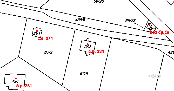Senohraby 231 na parcele st. 262 v KÚ Senohraby, Katastrální mapa