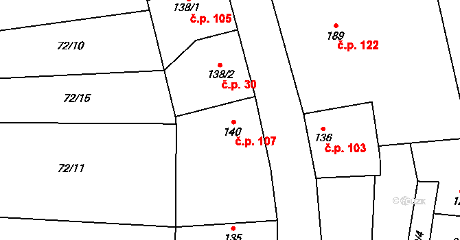 Podsedice 107 na parcele st. 140 v KÚ Podsedice, Katastrální mapa