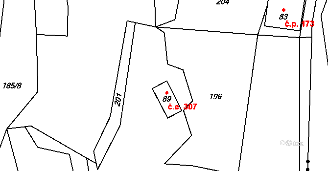 Rozhraní 307 na parcele st. 89 v KÚ Bradlné, Katastrální mapa