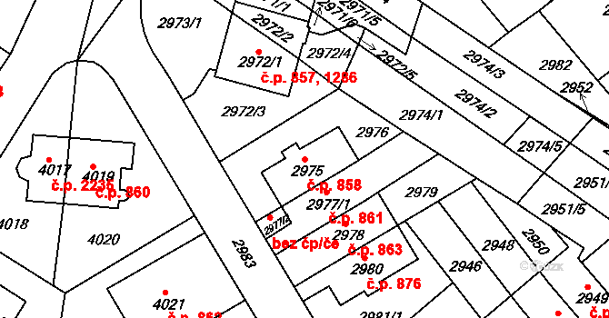 Žabovřesky 858, Brno na parcele st. 2975 v KÚ Žabovřesky, Katastrální mapa