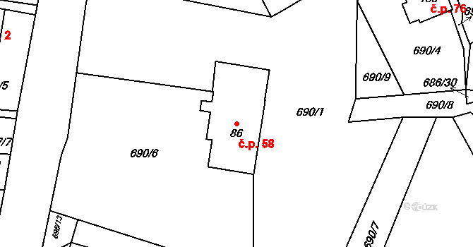Skrýšov 58, Pelhřimov na parcele st. 86 v KÚ Skrýšov u Pelhřimova, Katastrální mapa