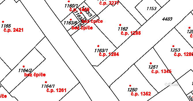 Teplice 1284 na parcele st. 1163/1 v KÚ Teplice, Katastrální mapa