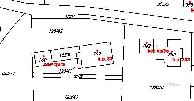 Janské Lázně 83 na parcele st. 102 v KÚ Janské Lázně, Katastrální mapa