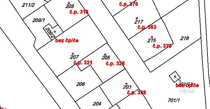 Svatava 328 na parcele st. 205 v KÚ Svatava, Katastrální mapa