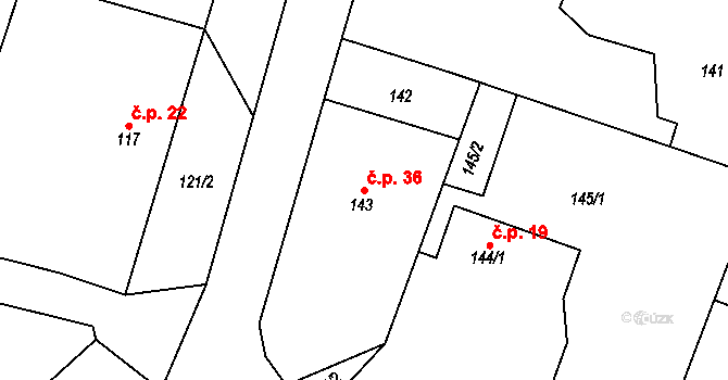Skršice 36, České Meziříčí na parcele st. 143 v KÚ Skršice, Katastrální mapa