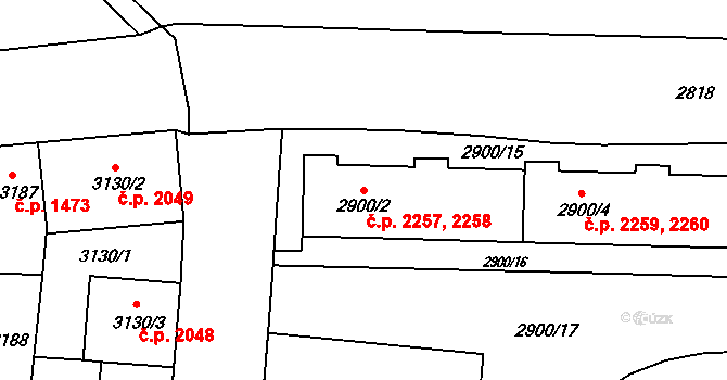 Česká Lípa 2257,2258 na parcele st. 2900/2 v KÚ Česká Lípa, Katastrální mapa