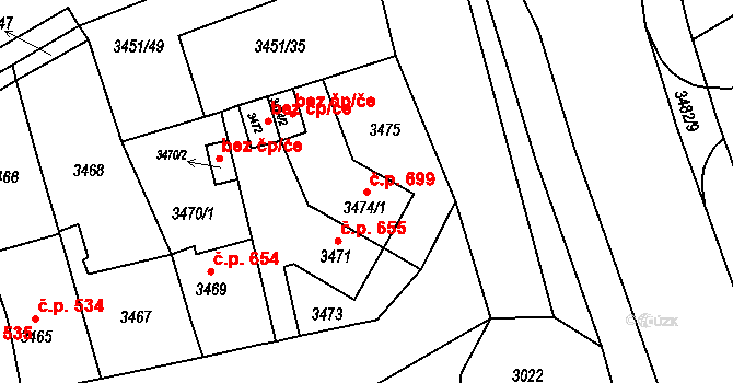 Jirkov 699 na parcele st. 3474/1 v KÚ Jirkov, Katastrální mapa