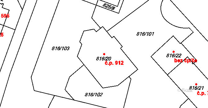 Lobzy 912, Plzeň na parcele st. 816/20 v KÚ Doubravka, Katastrální mapa