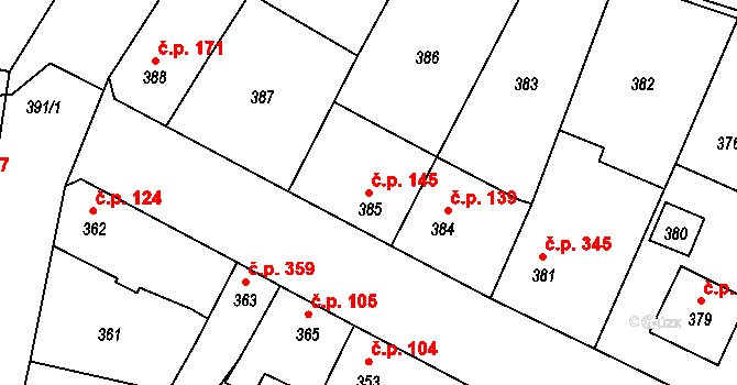 Týnec nad Labem 145 na parcele st. 385 v KÚ Týnec nad Labem, Katastrální mapa