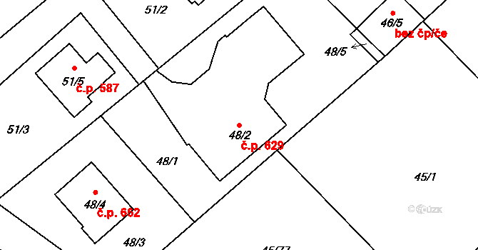 Postřelmov 629 na parcele st. 48/2 v KÚ Postřelmov, Katastrální mapa