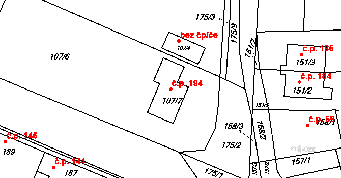 Velké Chvalovice 194, Pečky na parcele st. 107/7 v KÚ Velké Chvalovice, Katastrální mapa