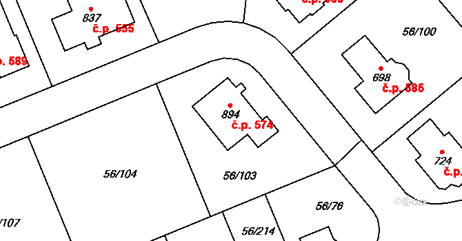 Hovorčovice 574 na parcele st. 894 v KÚ Hovorčovice, Katastrální mapa