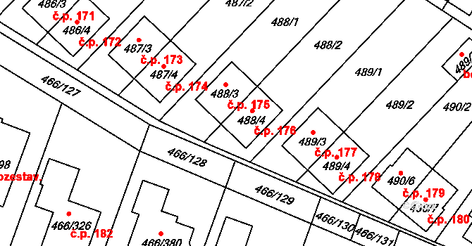 Rebešovice 176 na parcele st. 488/4 v KÚ Rebešovice, Katastrální mapa