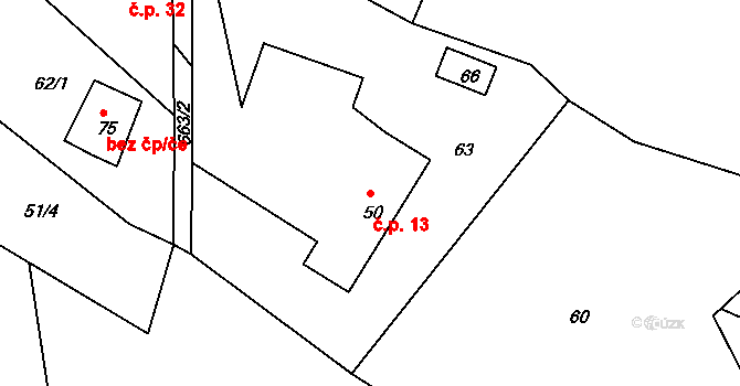 Hliněná 13, Malšovice na parcele st. 50 v KÚ Hliněná, Katastrální mapa