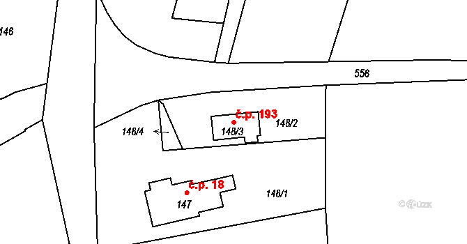 Dobřenice 193 na parcele st. 148/3 v KÚ Dobřenice, Katastrální mapa