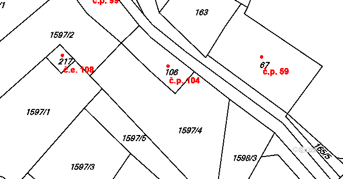 Dobronín 104 na parcele st. 106 v KÚ Dobronín, Katastrální mapa