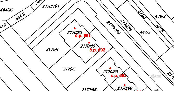 Mikulčice 692 na parcele st. 2170/85 v KÚ Mikulčice, Katastrální mapa