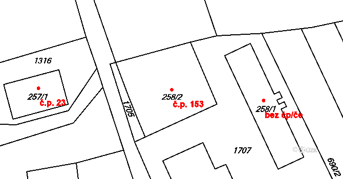 Pilníkov 153 na parcele st. 258/2 v KÚ Pilníkov I, Katastrální mapa