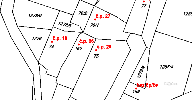 Růžkovy Lhotice 20, Čechtice na parcele st. 75 v KÚ Černičí, Katastrální mapa