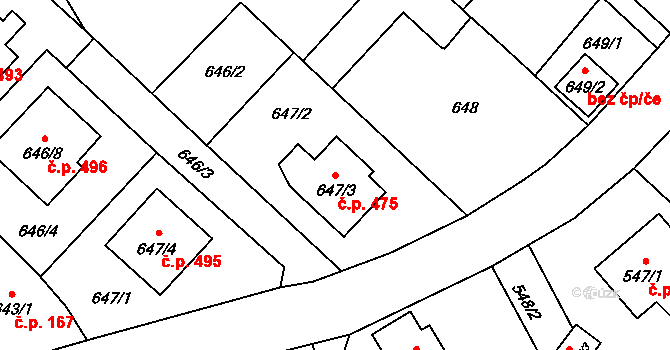 Kozmice 475 na parcele st. 647/3 v KÚ Kozmice, Katastrální mapa