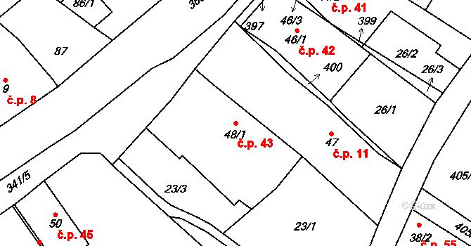 Vejvanovice 43 na parcele st. 48/1 v KÚ Vejvanovice, Katastrální mapa