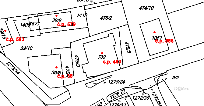 Kaznějov 483 na parcele st. 709 v KÚ Kaznějov, Katastrální mapa