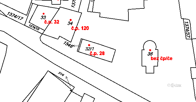 Chrastavice 28 na parcele st. 32/1 v KÚ Chrastavice, Katastrální mapa
